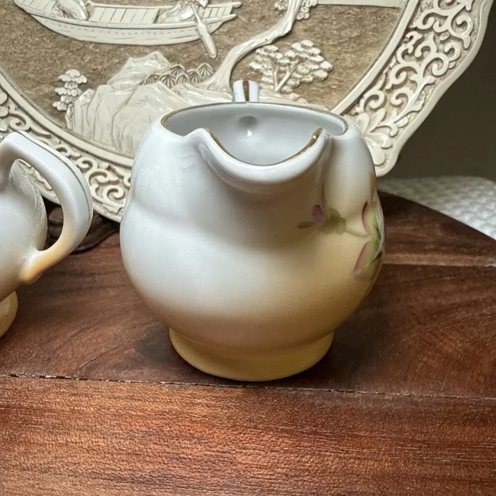 Hand Painted Porcelain Creamer Sugar Bowl Pink Roses Gold Trim Set Vintage